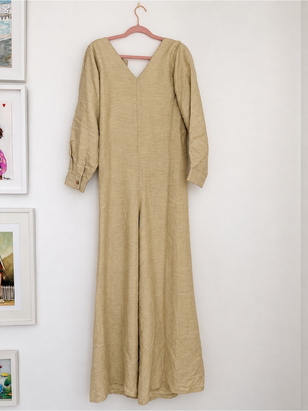 New w/tags V-Neck Long Sleeve Wide-Leg Jumpsuit in Light Beige